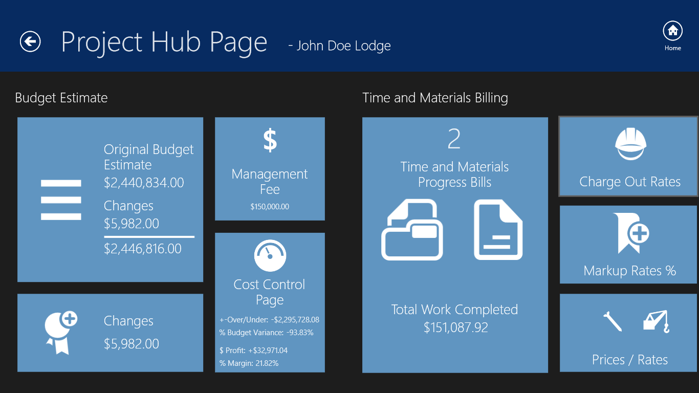 The Project Hub Page for a Time & Materials project; access features to create the project’s original budget estimate and to navigate to the project’s progress bills.