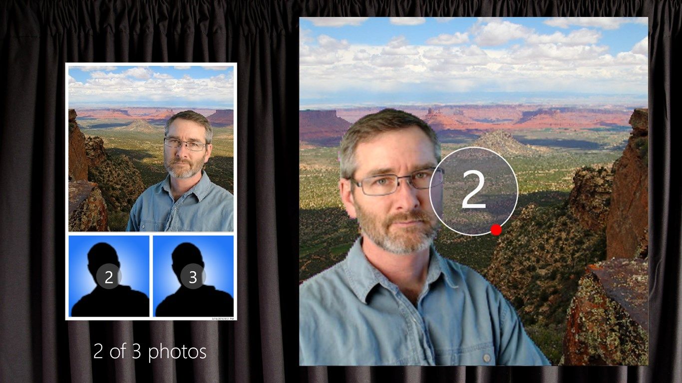 Portrait on the edge of a canyon? No wait! Instant Photo Booth has a green screen feature! A visual and audio countdown timer tells the user when to be ready, and the selected photo layout is filled in as photos are taken.