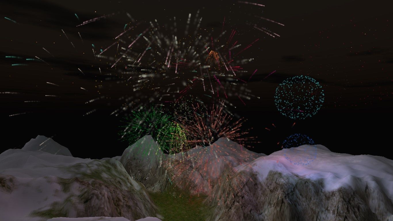 Snowy mountains reflect light from the fireworks with 3D lighting effects!