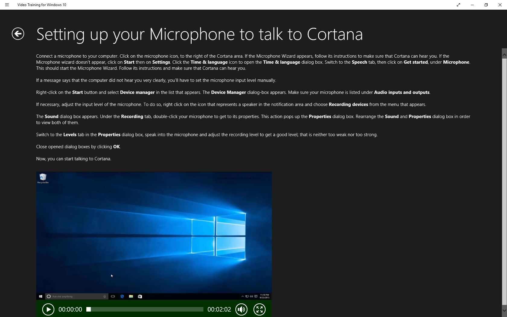 The "Setting up your Microphone to talk to Cortana" topic
