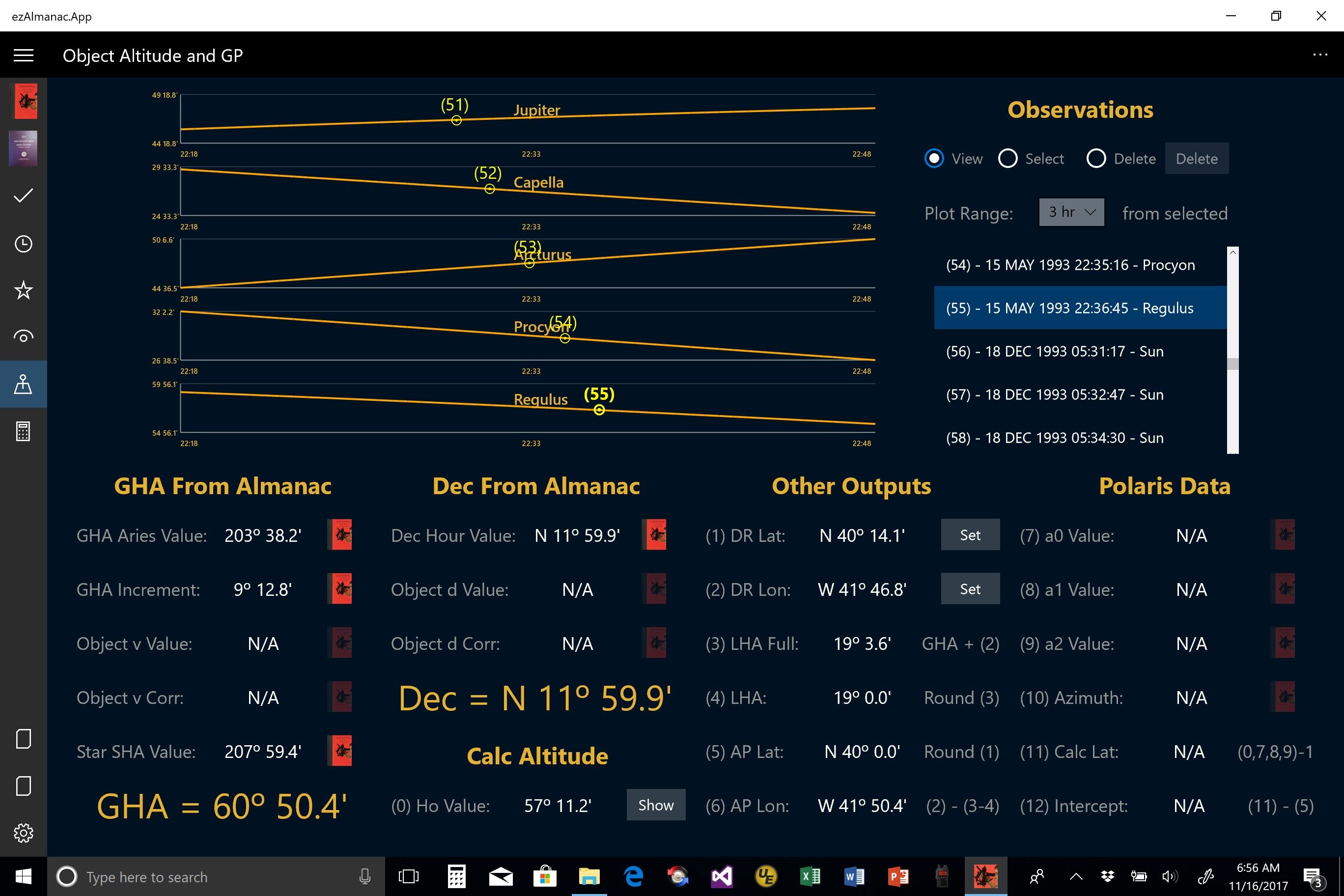 View Plot of Observations Against Expected Value.  View Nautical Almanac Values to Determine GP of Observed Object