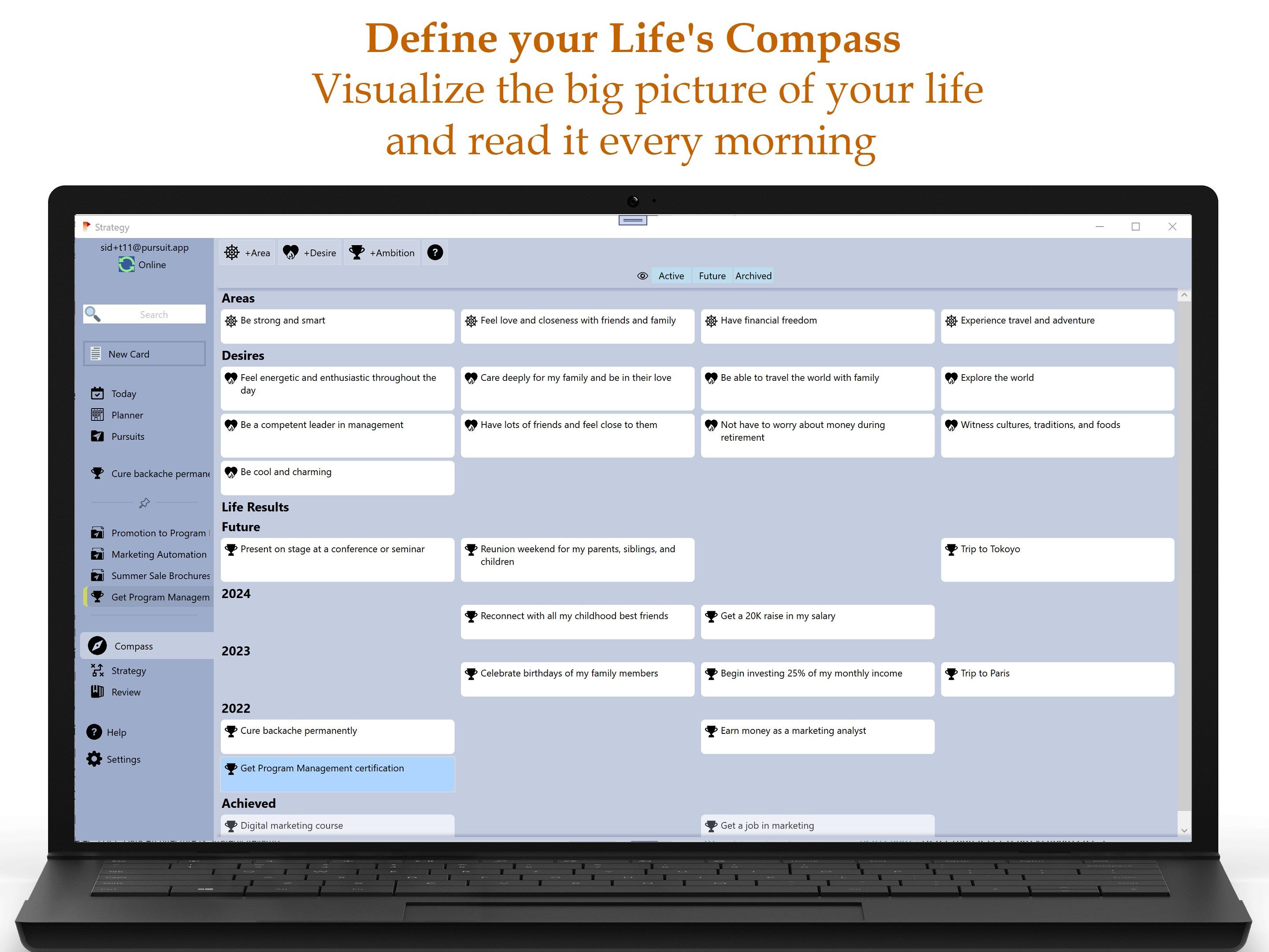 Define your Life's Compass: Visualize the big picture of your life and read it every morning