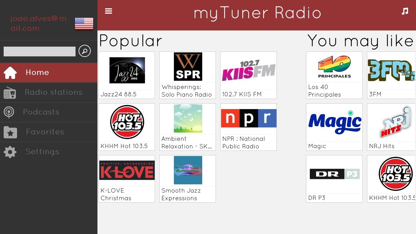 The myTuner radio menu allows you to navigate and access all the key features and experiences the app has to offer.