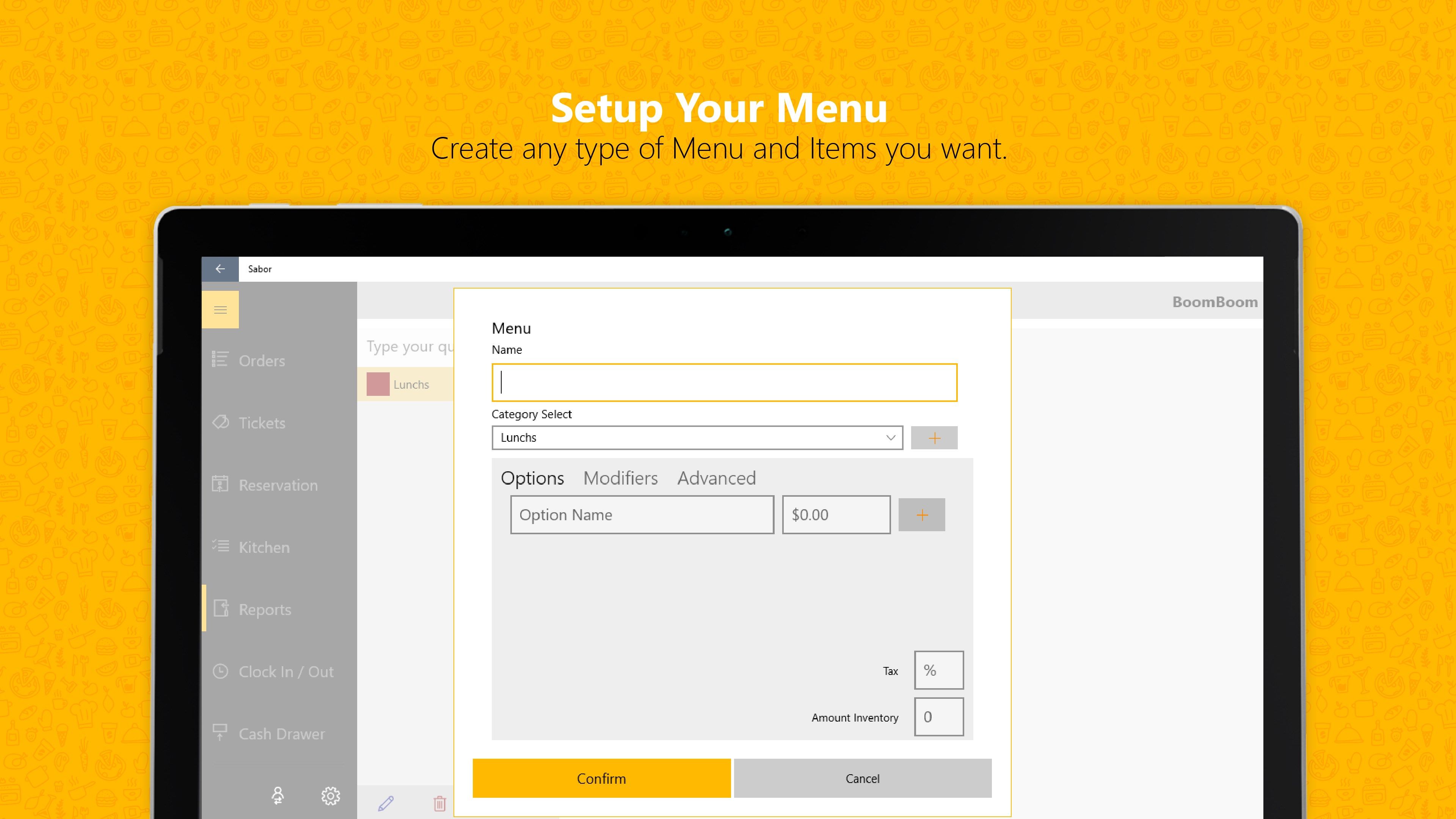 Add your menu and setup categories, options, and modifiers