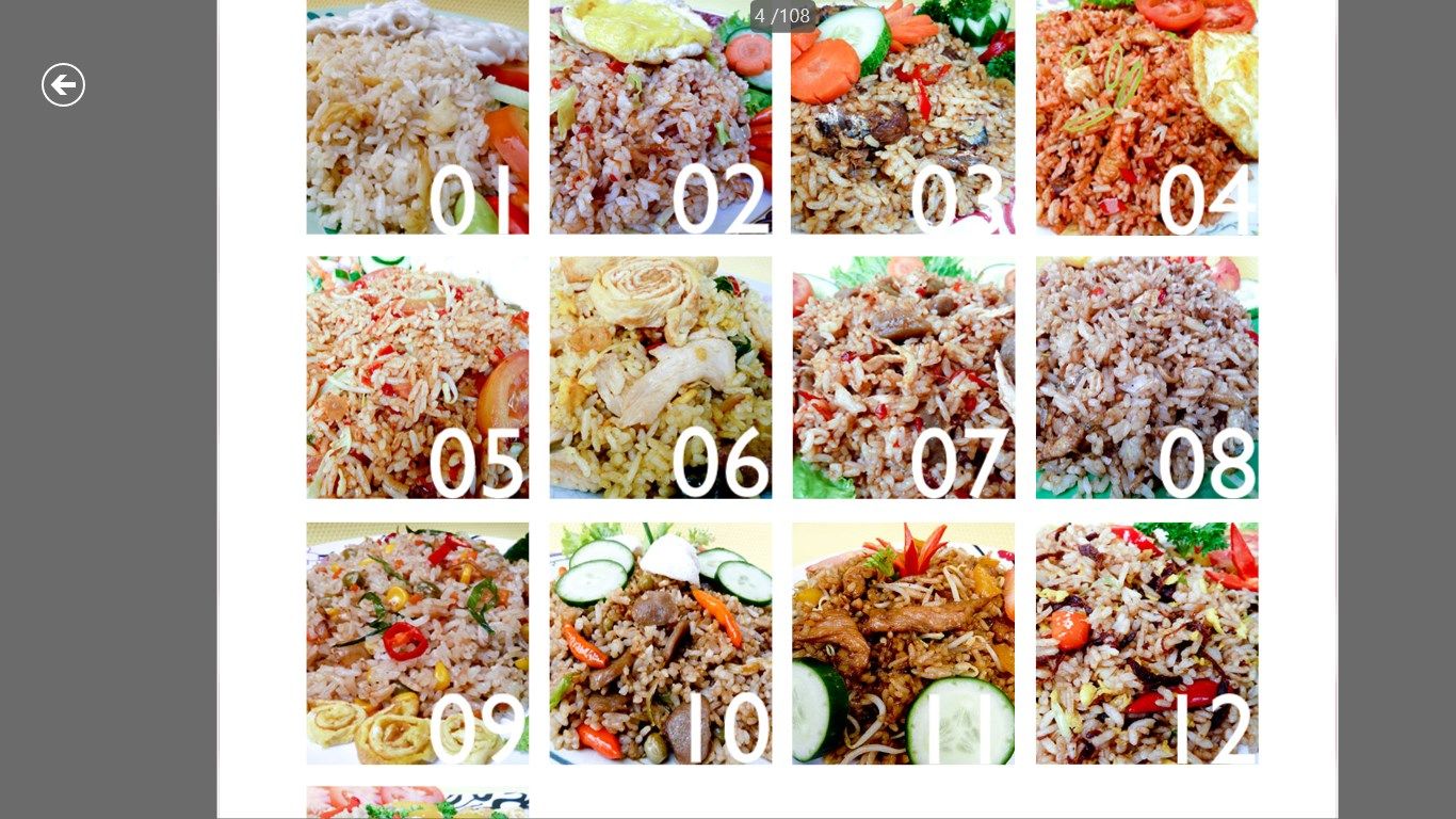 Contoh menu pilihan resep nasi goreng yang disajikan dengan gambar sehingga memudahkan untuk memilih hanya dengan menyentuh gambar menu yang akan dipilih.