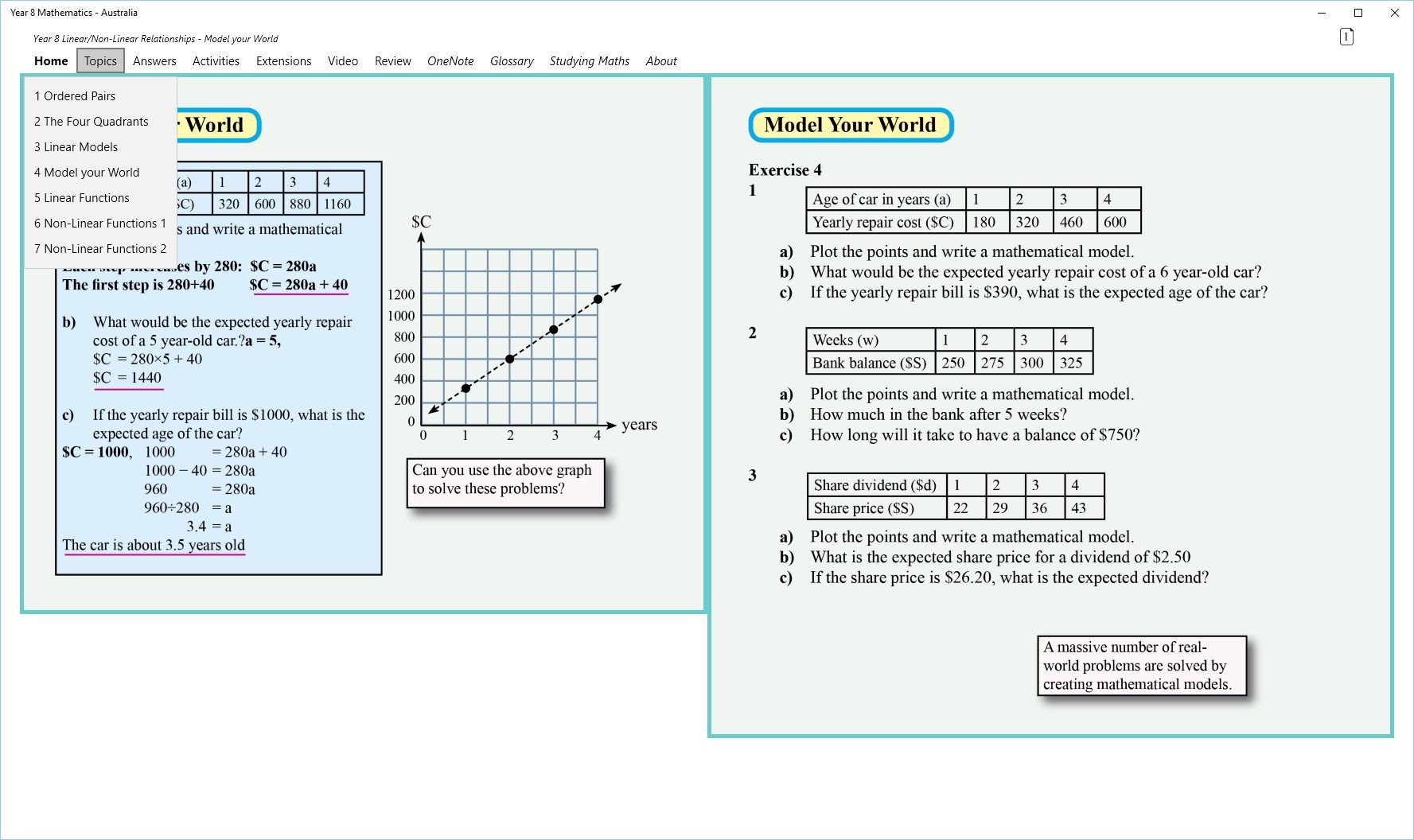 A drop down menu on the left showing topic choice within the linear/non-linear relationships module