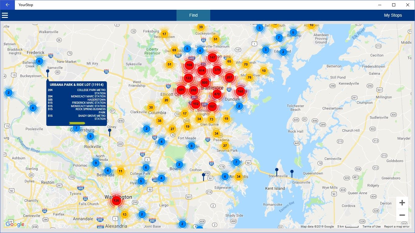 Browsing all Maryland MTA stops. When a stop cluster is clicked, the map zooms in on that cluster. The number on the cluster indicates the number of stops in it.