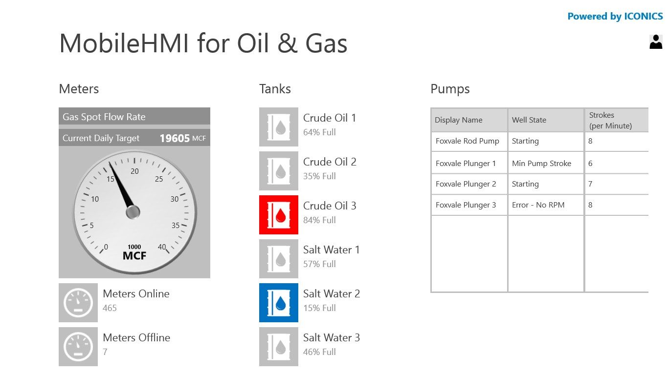 MobileHMI for Oil and Gas example detail display showing KPIs and grid-based interfaces.