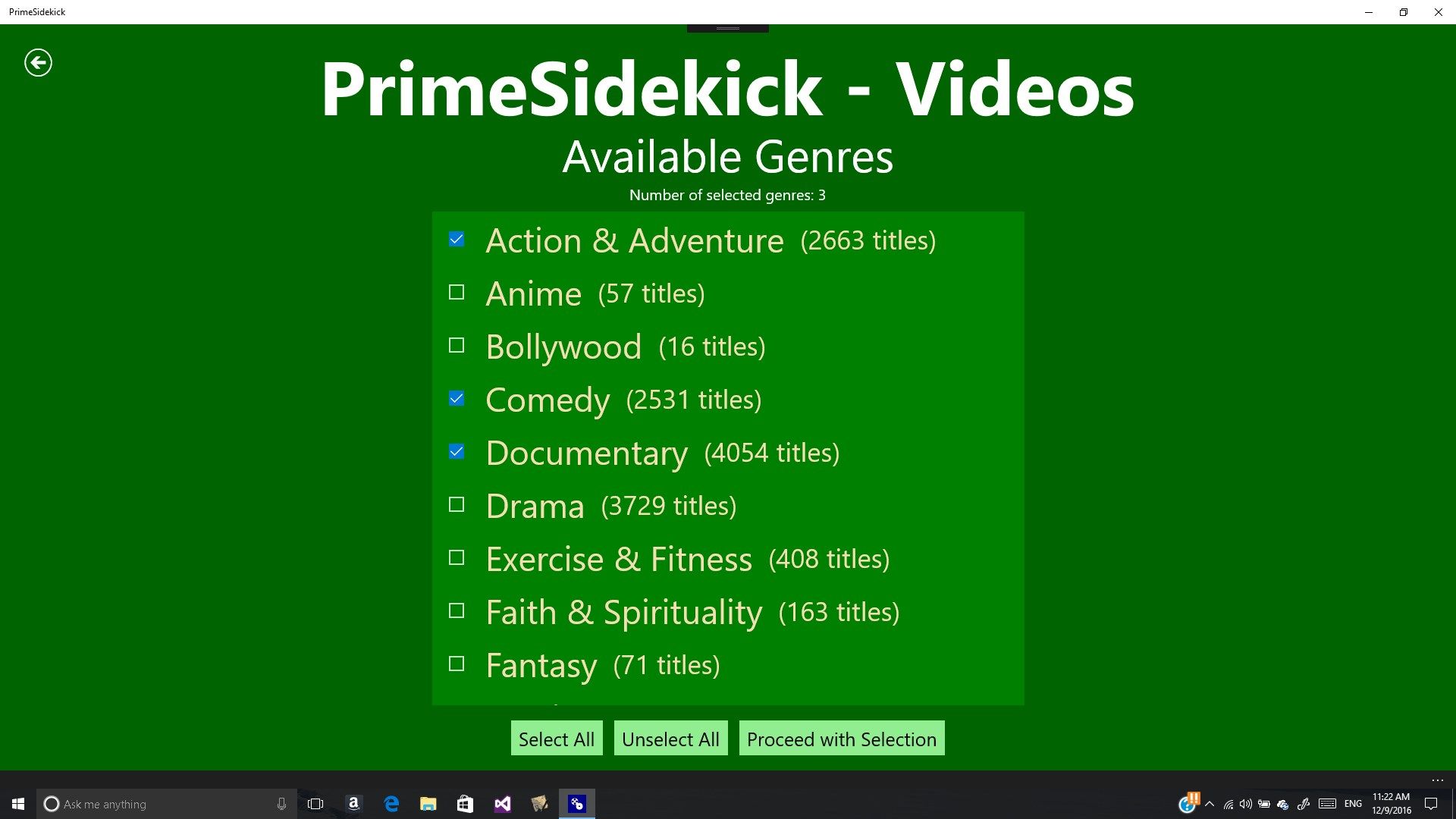 This screen allows the users to select the Amazon Prime Video genres they are interested in.