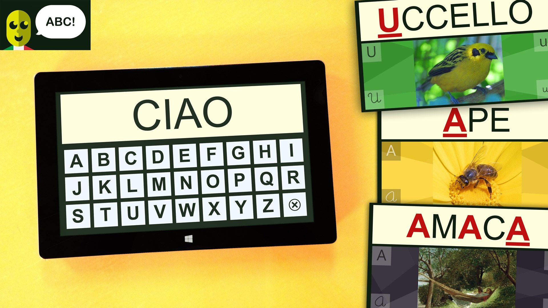 Alfabetiere vocale interattivo italiano con oltre 200 parole e immagini per imparare divertendosi le lettere e i suoni dell'alfabeto.