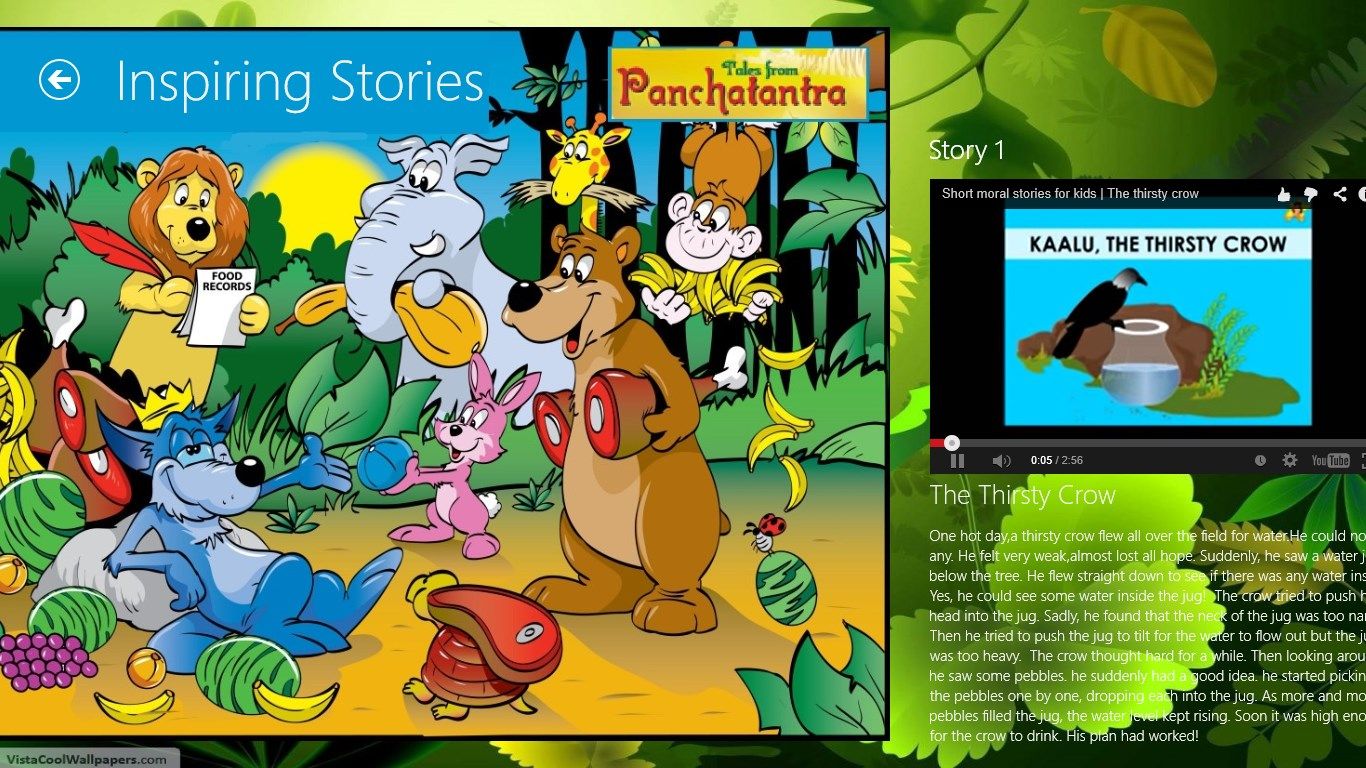 The Stories page (inspirational stories ) , with lots of embedded videos which helps in moral development of kids.