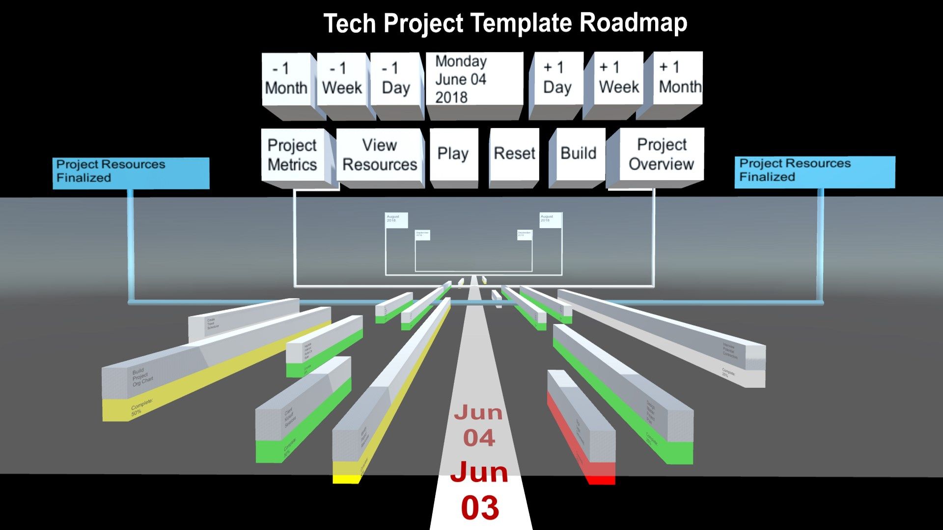First Person Project Roadmap with all tasks and timelines.  Roadmap can be navigated manually with the cubes at the top of the screen, or played automatically with the "Play" button.