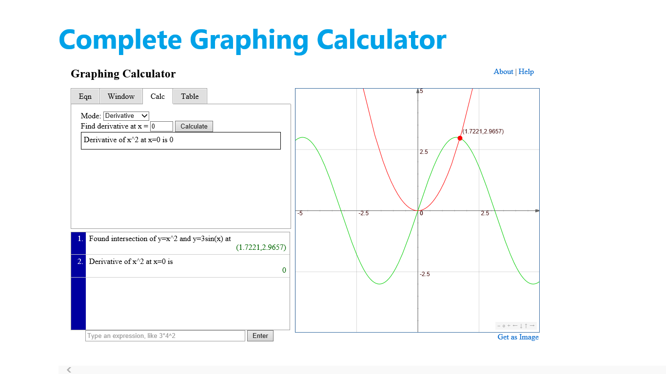 also it calculates the derivative and integral of any chosen graph.