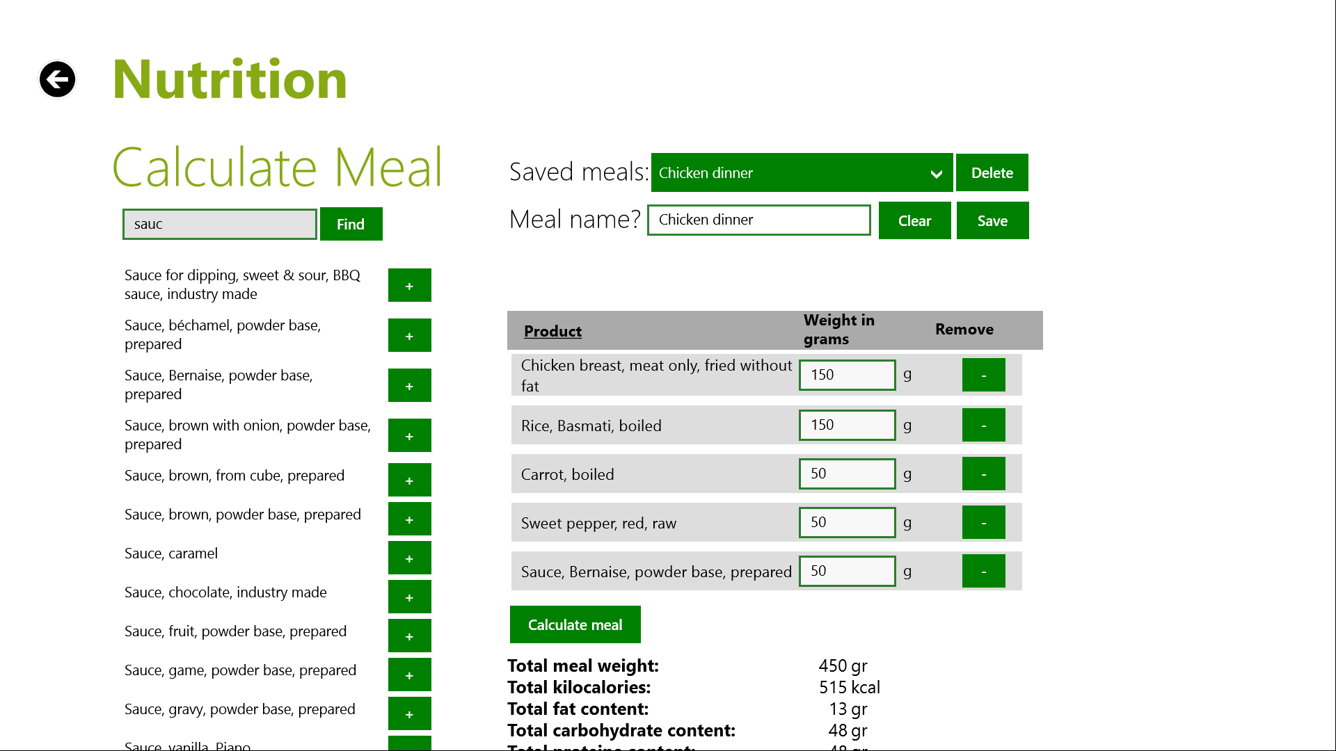 Calculate complete meals and save them