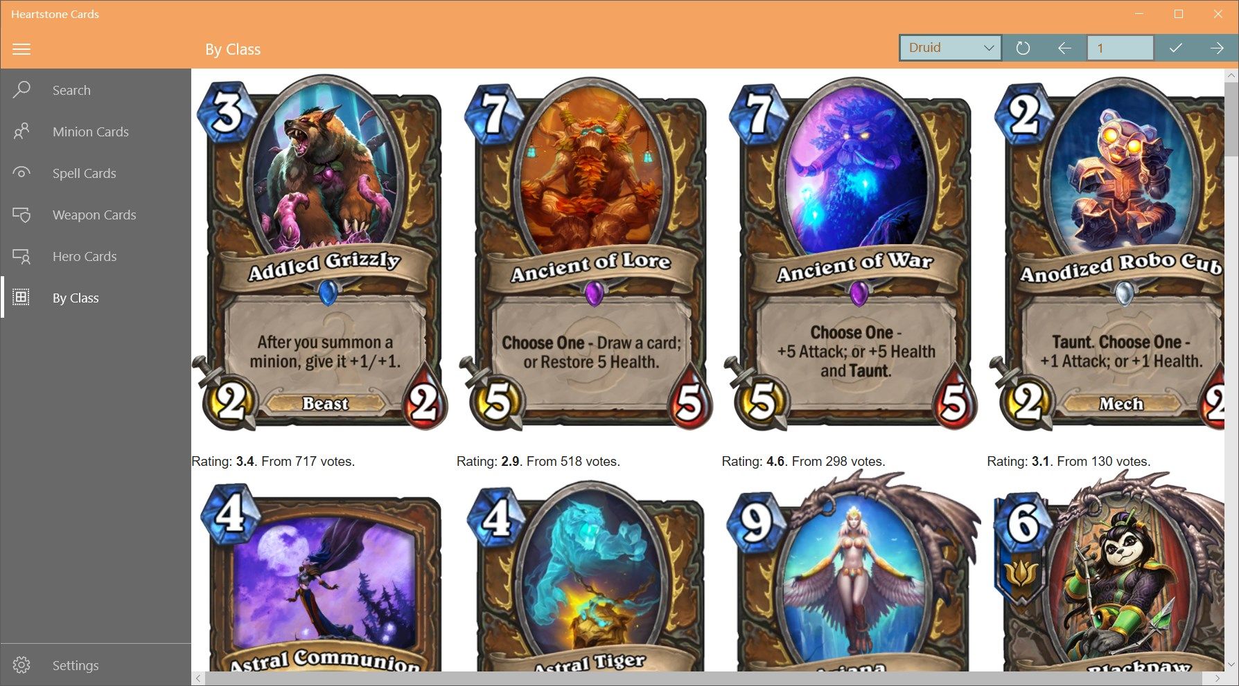 all classes' cards page