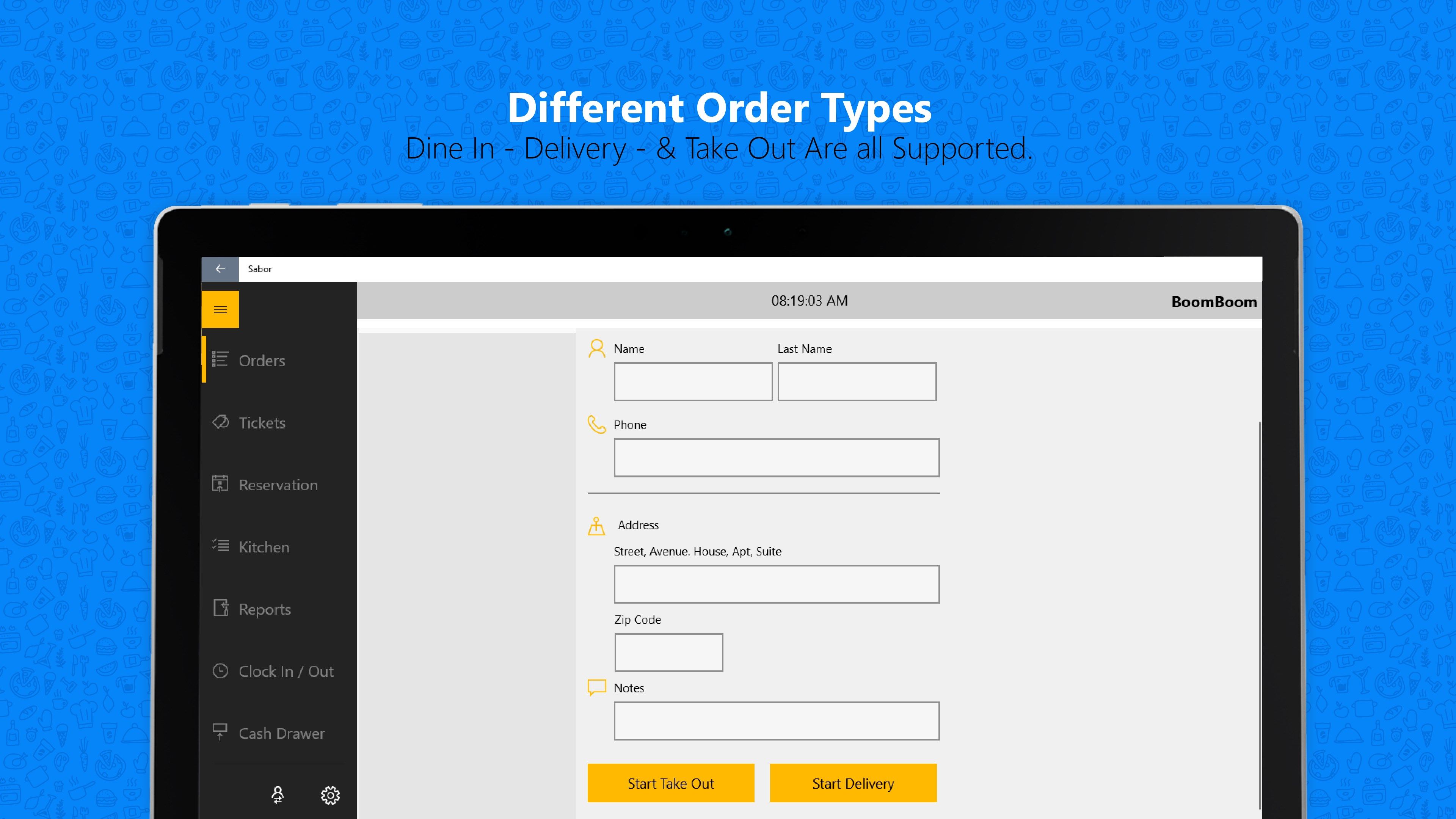 Multiple order types such as Delivery / Take Out / Quick Serve