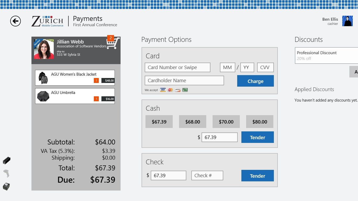 On the payments screen, you can add discounts and then pay with cash, check, or charge.