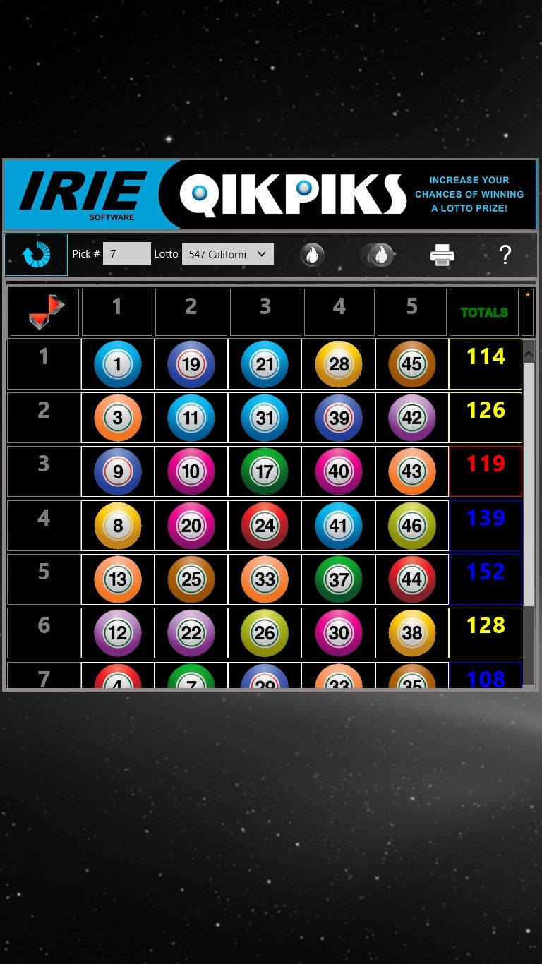 Screenshot of the Lotto 547 California SuperLotto game showing hot, warm and cold totals