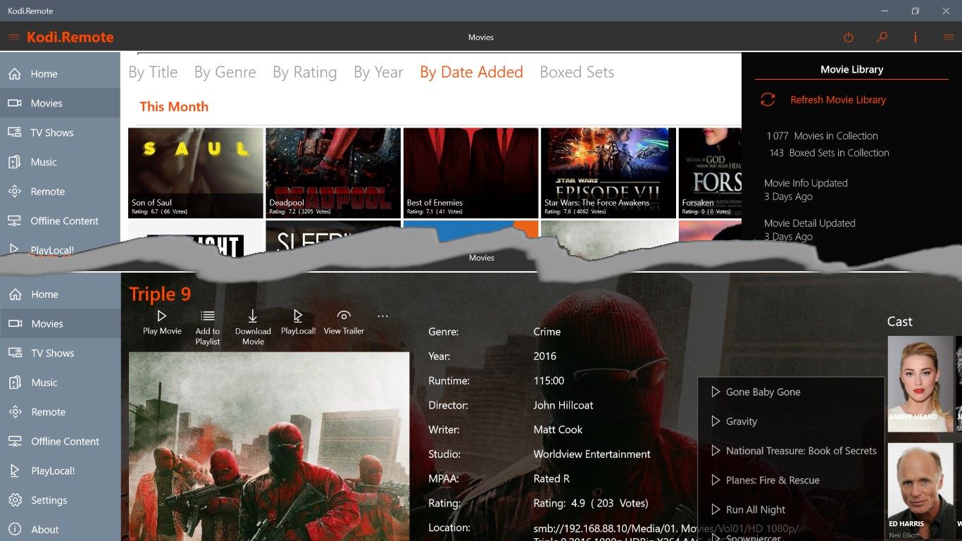 View your movie library collection and see details of any movie in your library (Plot, Actors etc.). Play, Queue, Download, Watch it local or watch the movie trailer on YouTube from this screen. Click on an actor to see other movies he/she played in, and navigate to the movie.