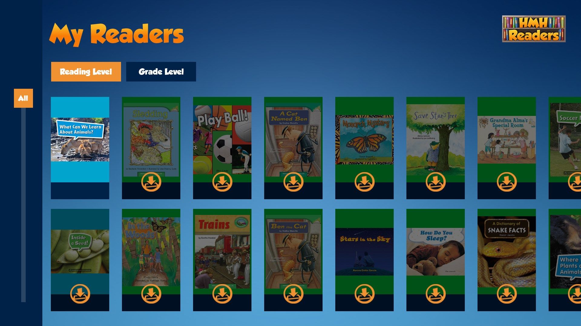 The My Readers Screen shows the free books that are available with HMH Readers and the books from an In-App Purchase. Tap on a book icon to open the book.