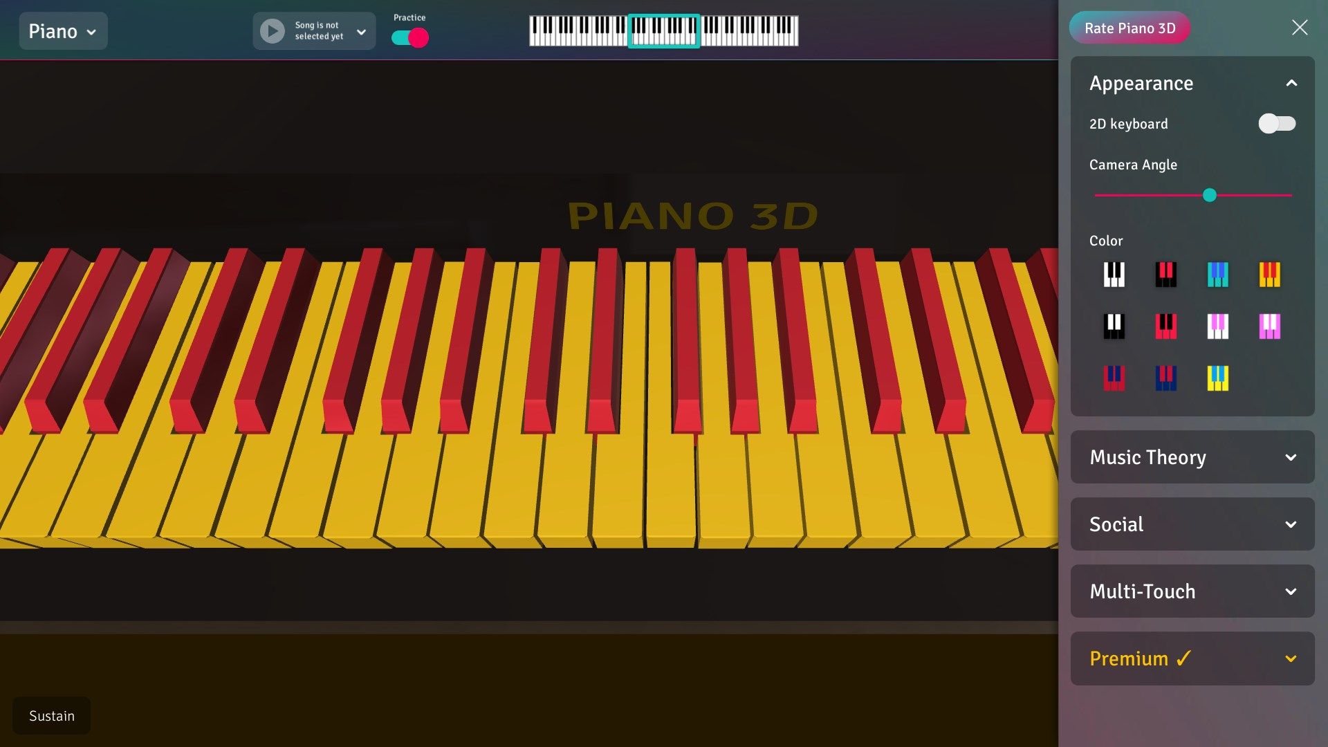 Piano 3D settings allow chenging color, view angle, 2d/3d mode and more!