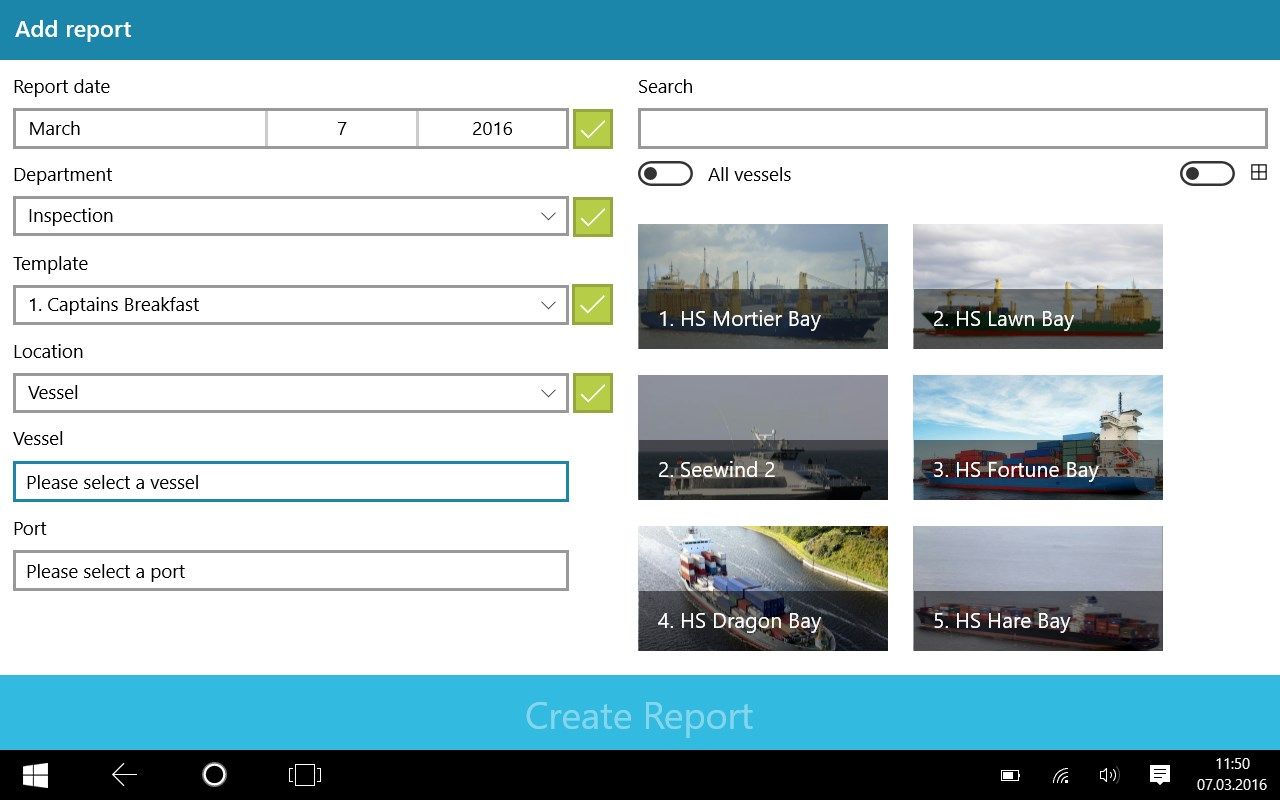 Choose a date, template, vessel and port to get your report up and running!