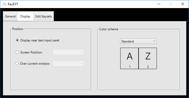 KeyEXT application settings - select the display location of the extended characters and select from a few color schemes for the displayed character options.