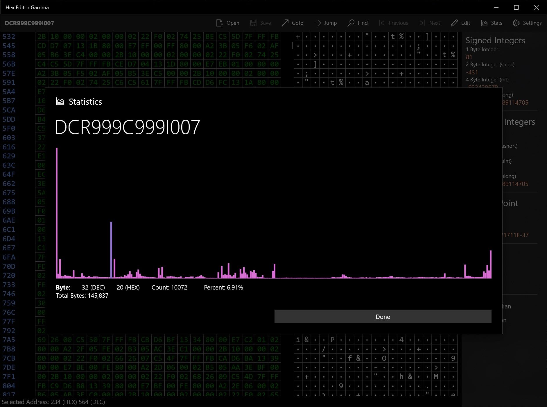 Byte histogram for quick analysis