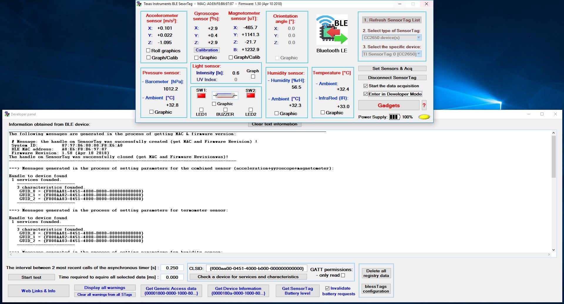 Developer window - SensorTag configuration messages