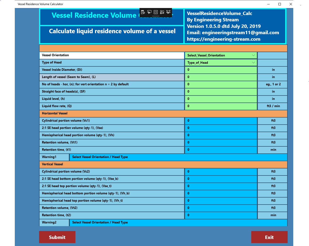 Vessel Residence Volume Calculator