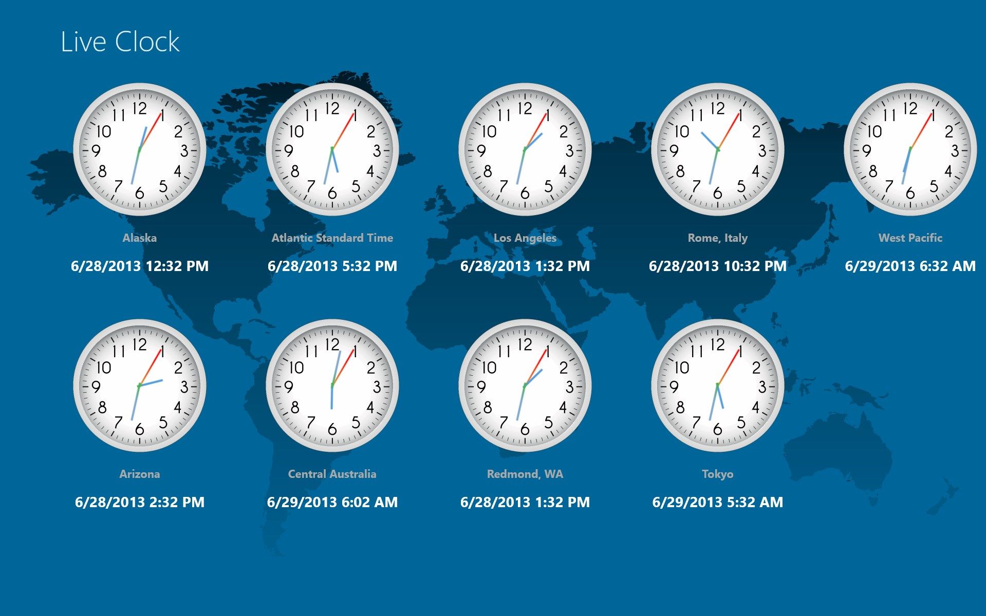 Multiple Time Zones displayed by analog clock and digital display. Right Click on Clock to Pin to Desktop.