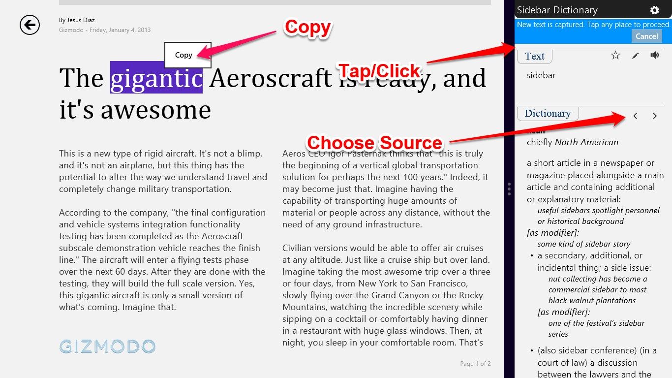 Side-by-side dictionary. Copy word from News app (the arrow in the screenshot is for instructions).