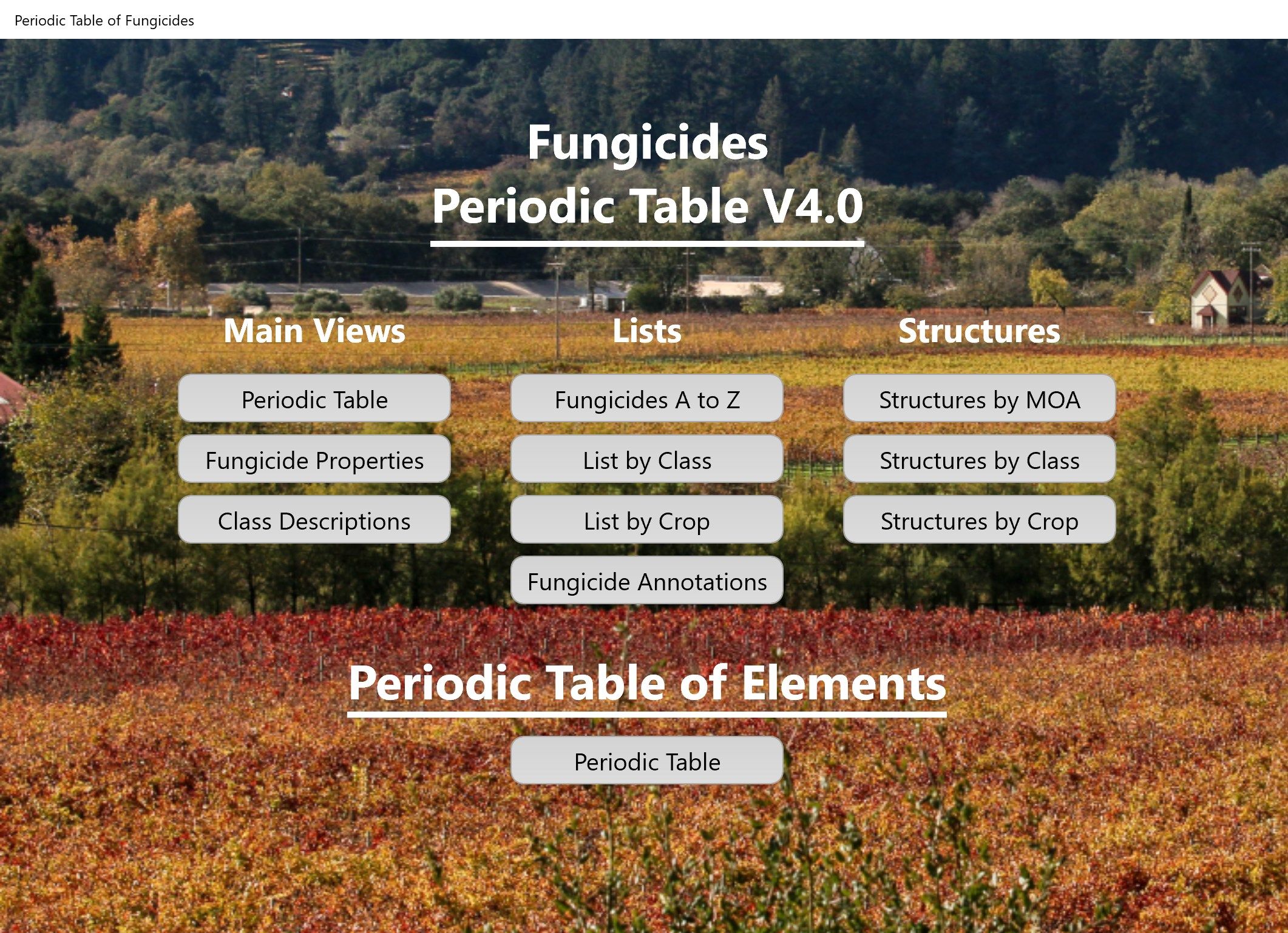 This is the main menu where other views are selected. The views provide different ways to access the fungicides based upon their name, class they belong to or crop(s) they are applicable to.  Fungicide views are linked in that selecting a fungicide in one view will cause it to be selected in all other views.  Each view supports printing and some views support exporting to .png files or to the clipboard.