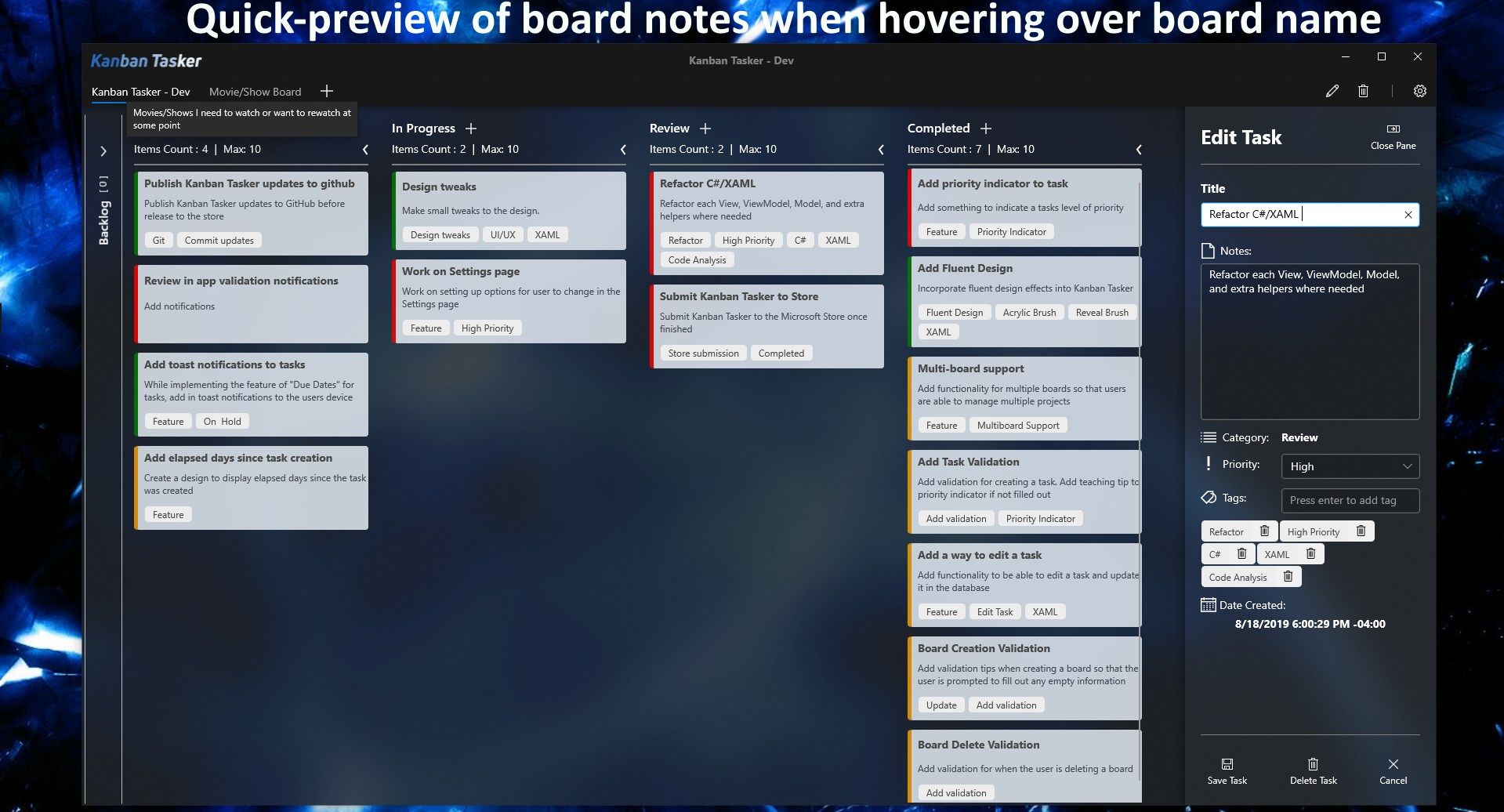 Quickly preview the notes for any board by hovering over it's menu item on the navigation menu