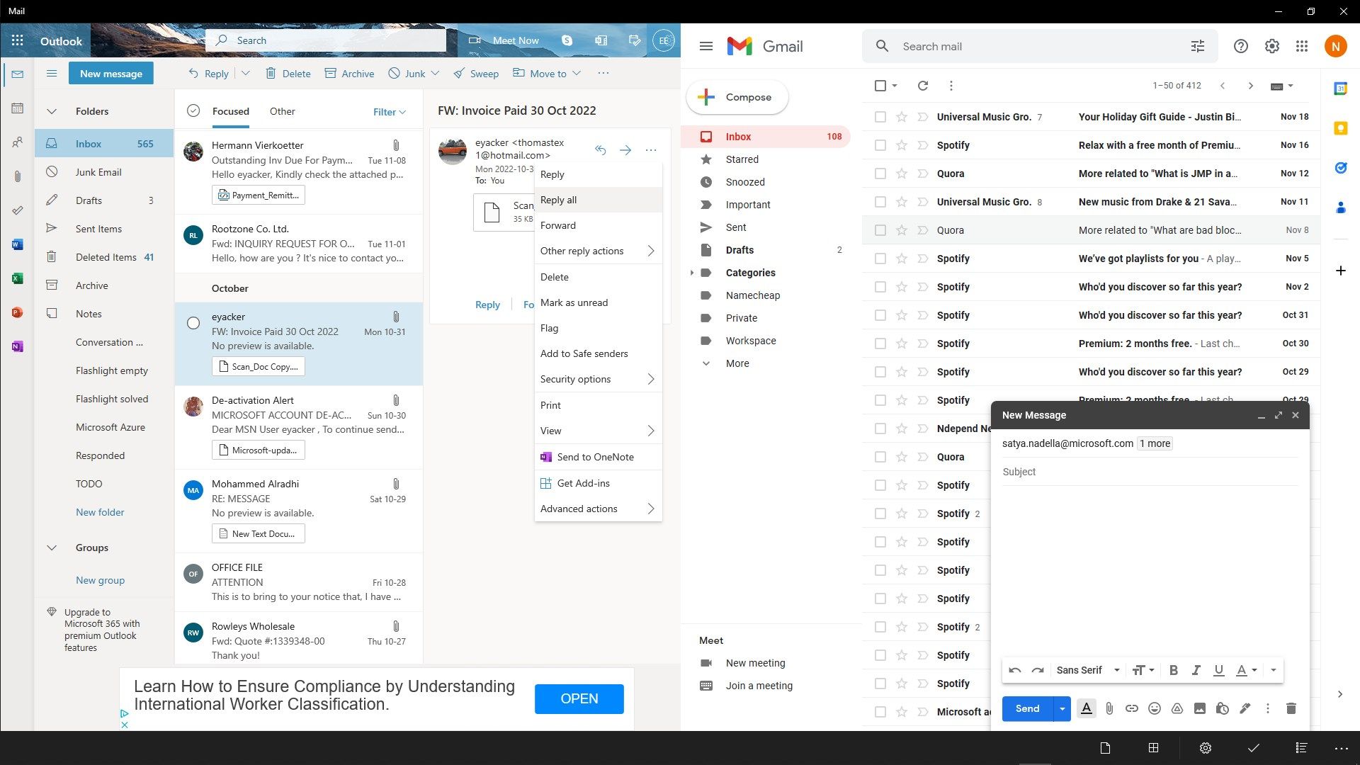 Two page split view mode with Outlook and Gmail accounts parallel