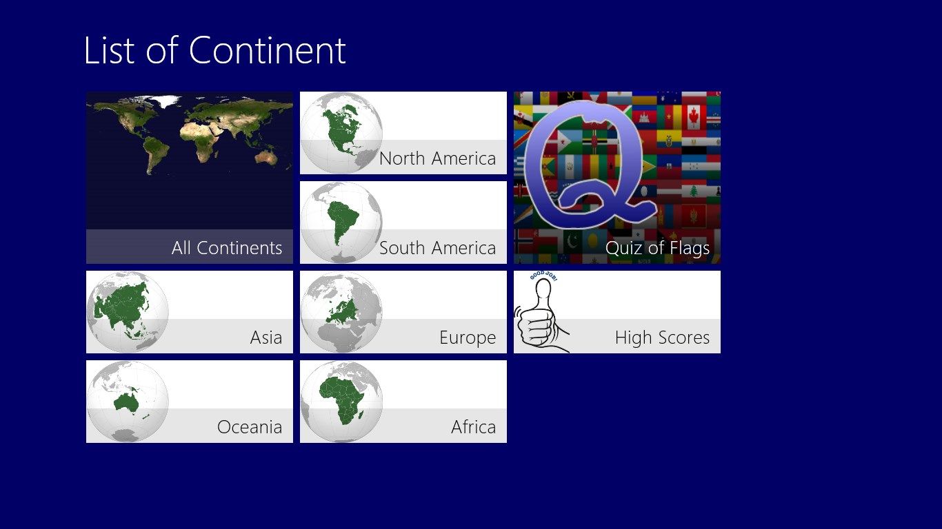 In the first menu, you can select a continent or a quiz.