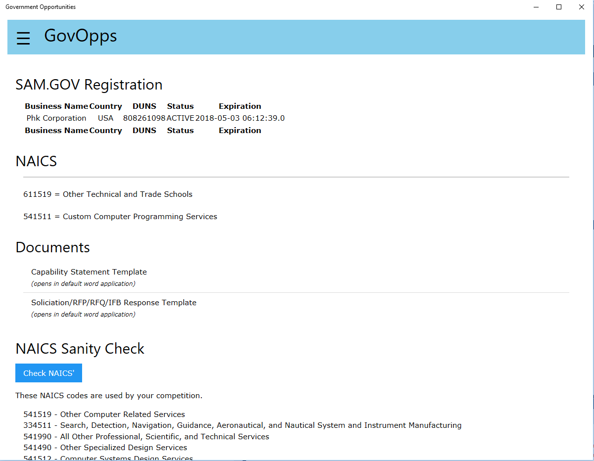 The main startup page, showing your SAM.GOV basic registration, capability statement and bid response template that opens in your default word application, and the NAICS sanity check first featured on federalgovopps.com