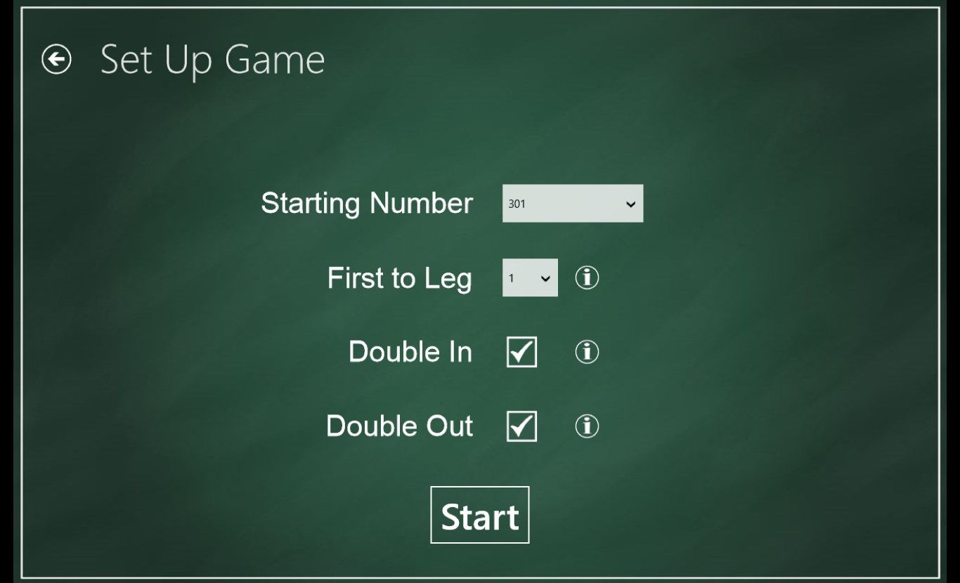 Set Up a Game, with Starting number, Number of legs, Double in and out enabled or disabled