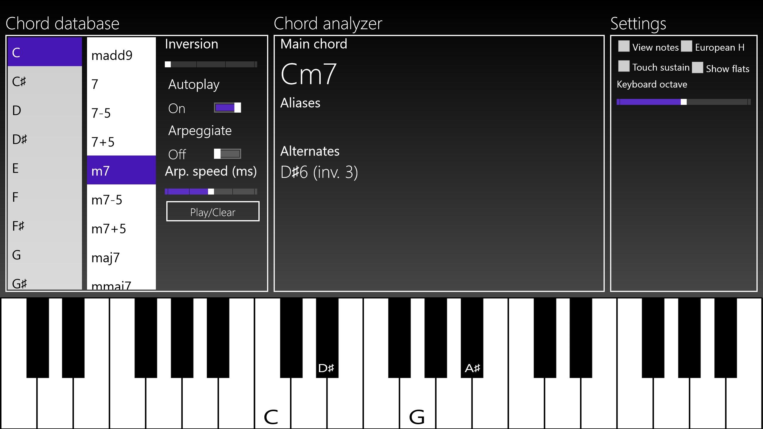 App analyzes played chords. Use mouse, touch or keyboard.