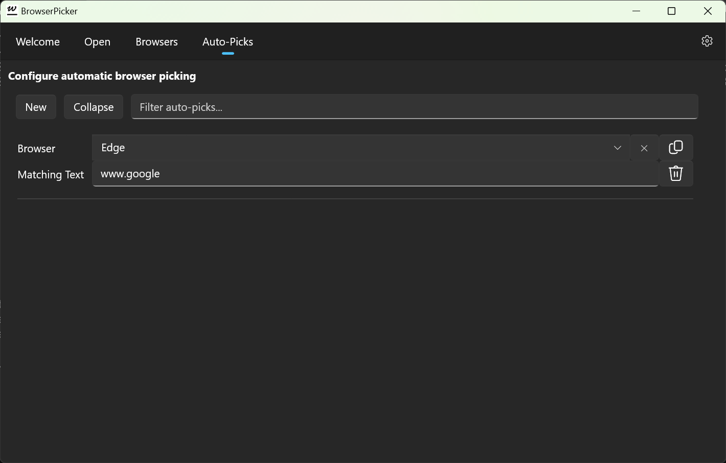 Auto-Picks page, where you can configure which browsers are automatically picked based on the URL (dark mode).