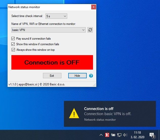 If the connection fails you will get audio-visual notification: taskbar icon will turn red, a notification will show and optionally a warning sound will be played.