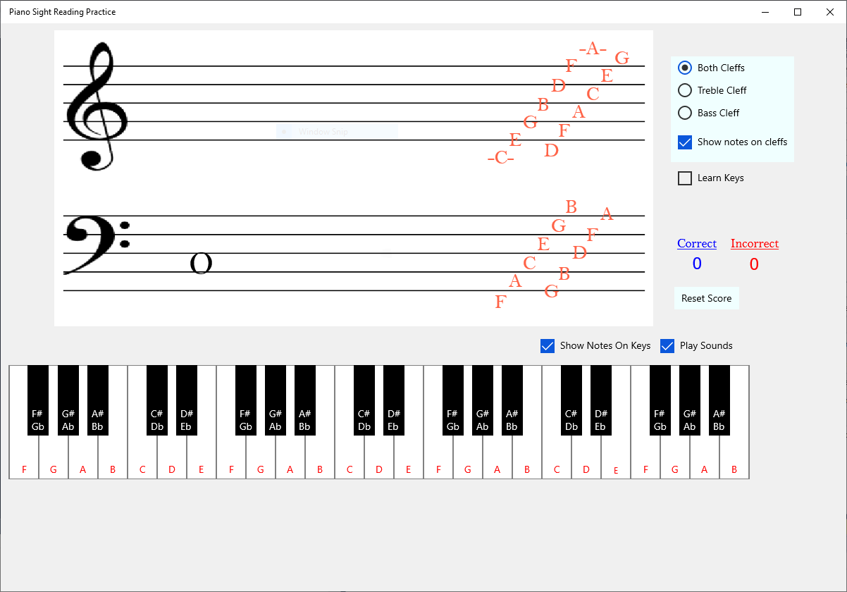 Show the note names on the staffs and / or on the piano keys