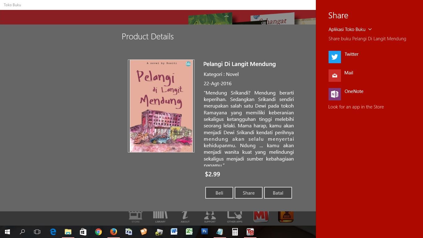 Product detail, merupakan menu review sebuah buku yang akan dibeli atau diunduh, terdapat menu beli, share dan batal.