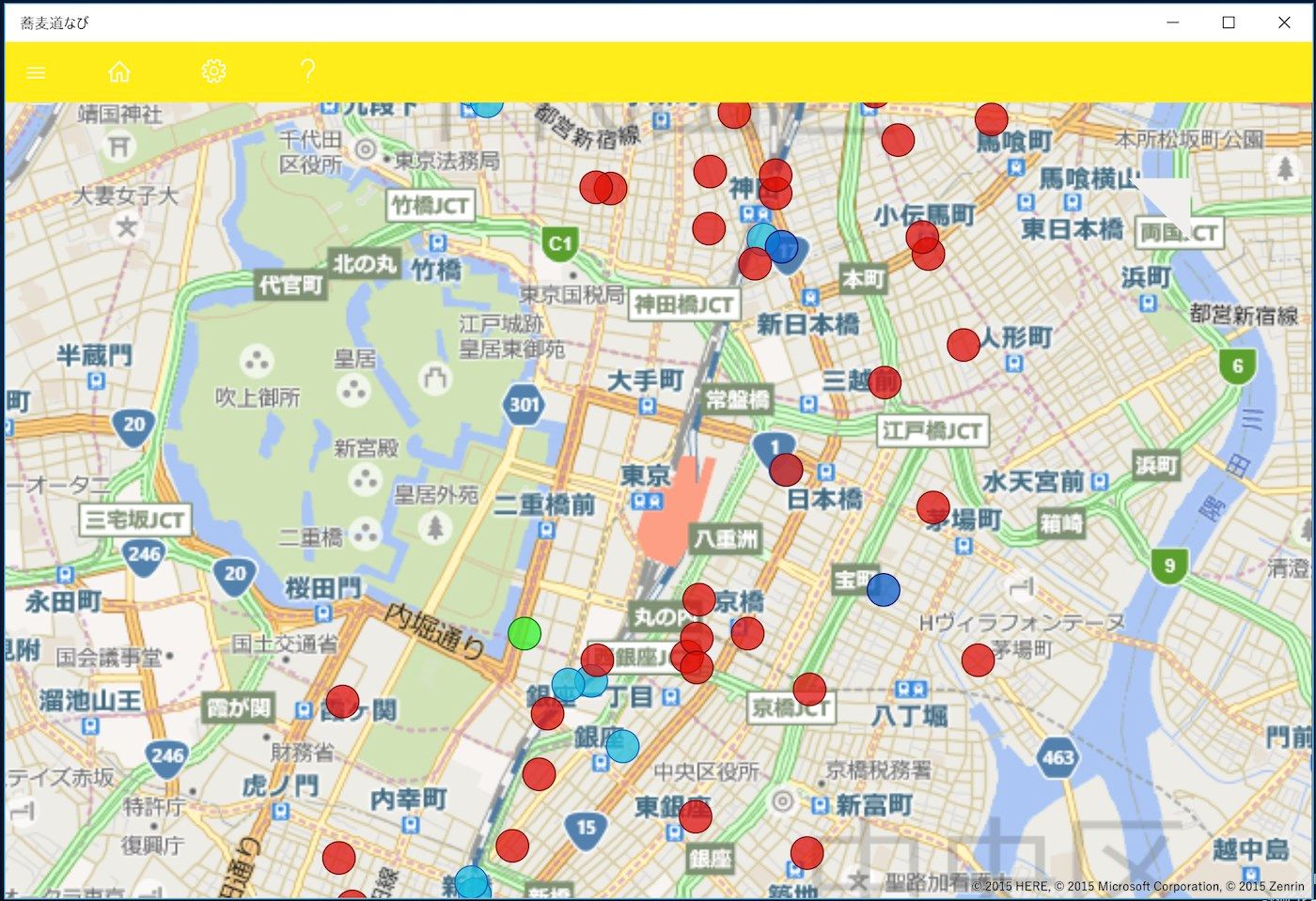 アプリを起動すると地図上に立ち食いそば屋の地点が表示されます。マーカーをタップすると店名などがポップアップ表示されます。