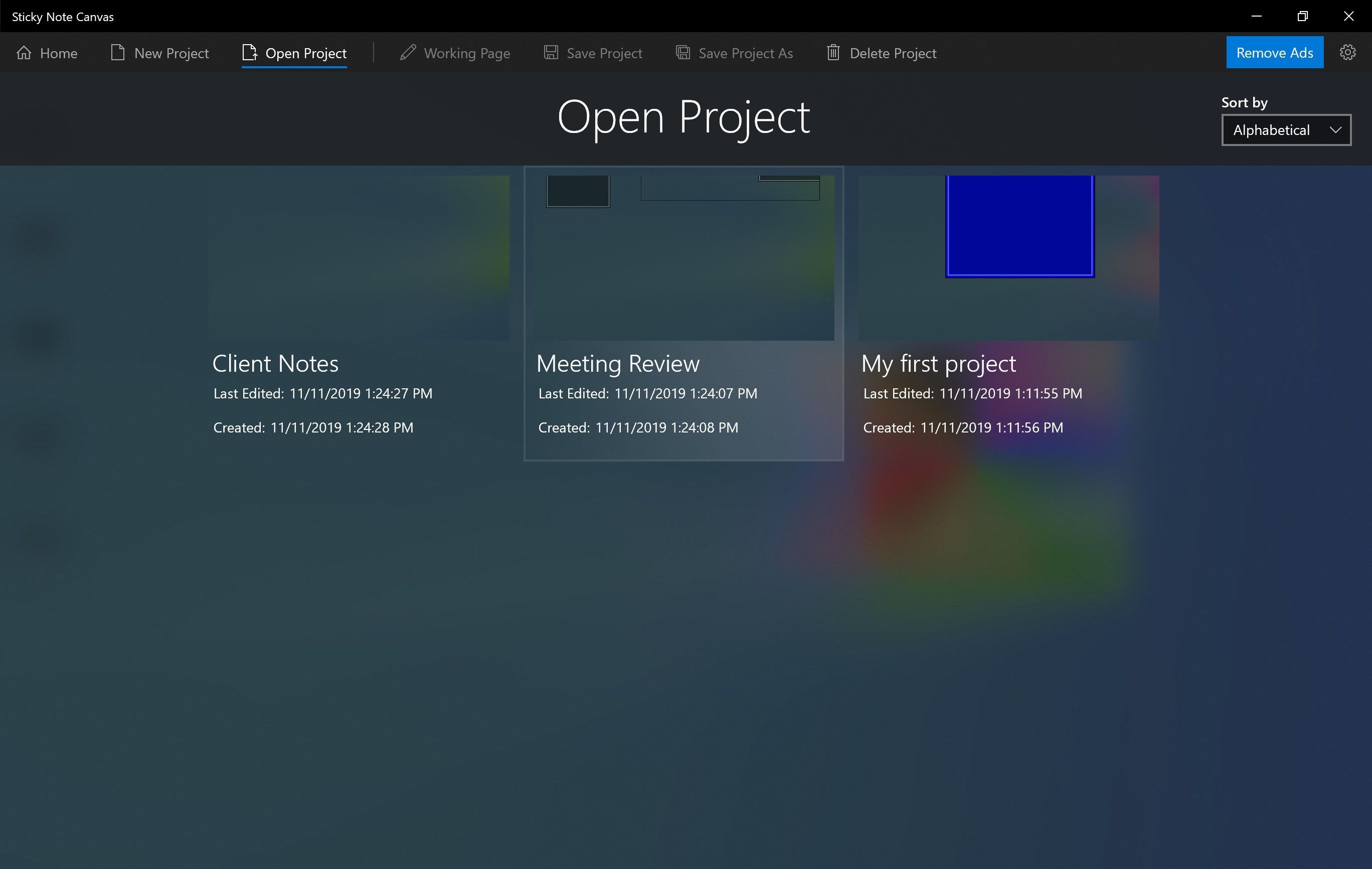 Open previously saved projects.