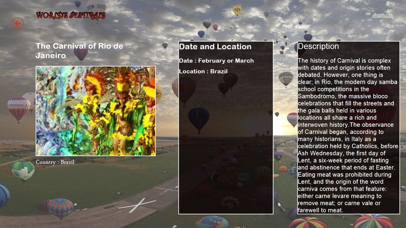 Showing ' Date and location ' ,'Description' of festival with festival image.