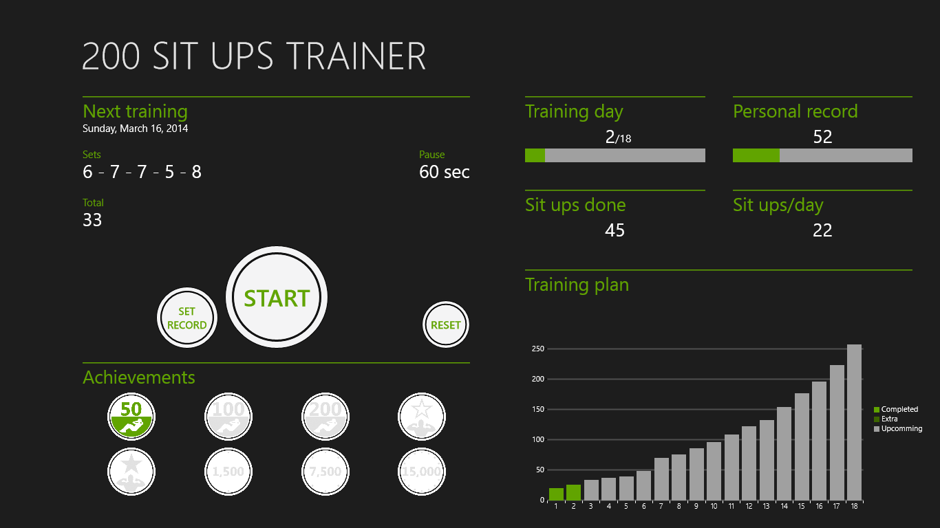Main page of the app where you can see info about the next training, statistics and achievements.