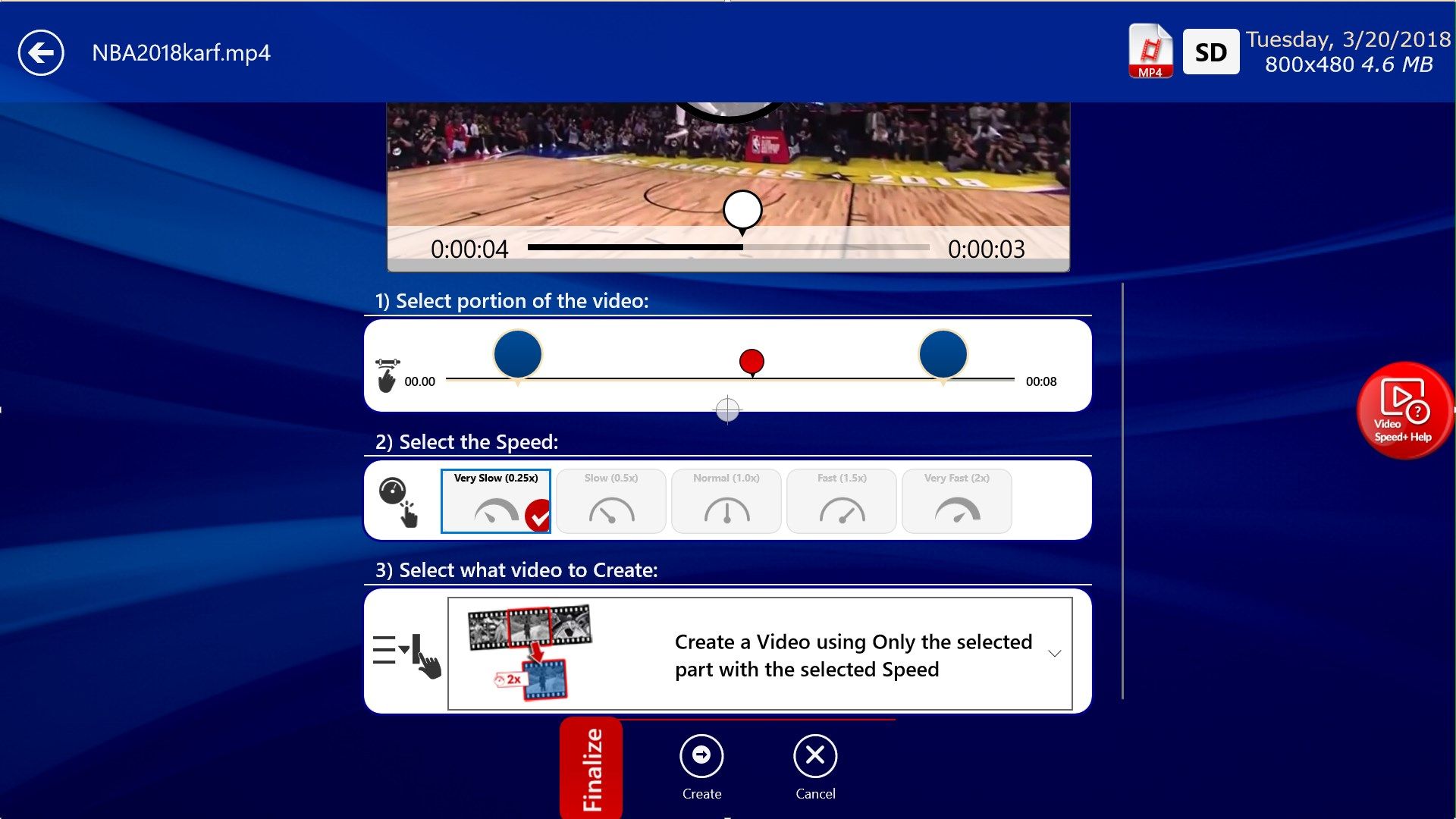(4 of 9) - Video Speed options: Choose a scene, Choose the new speed, Choose a template for the new video!
