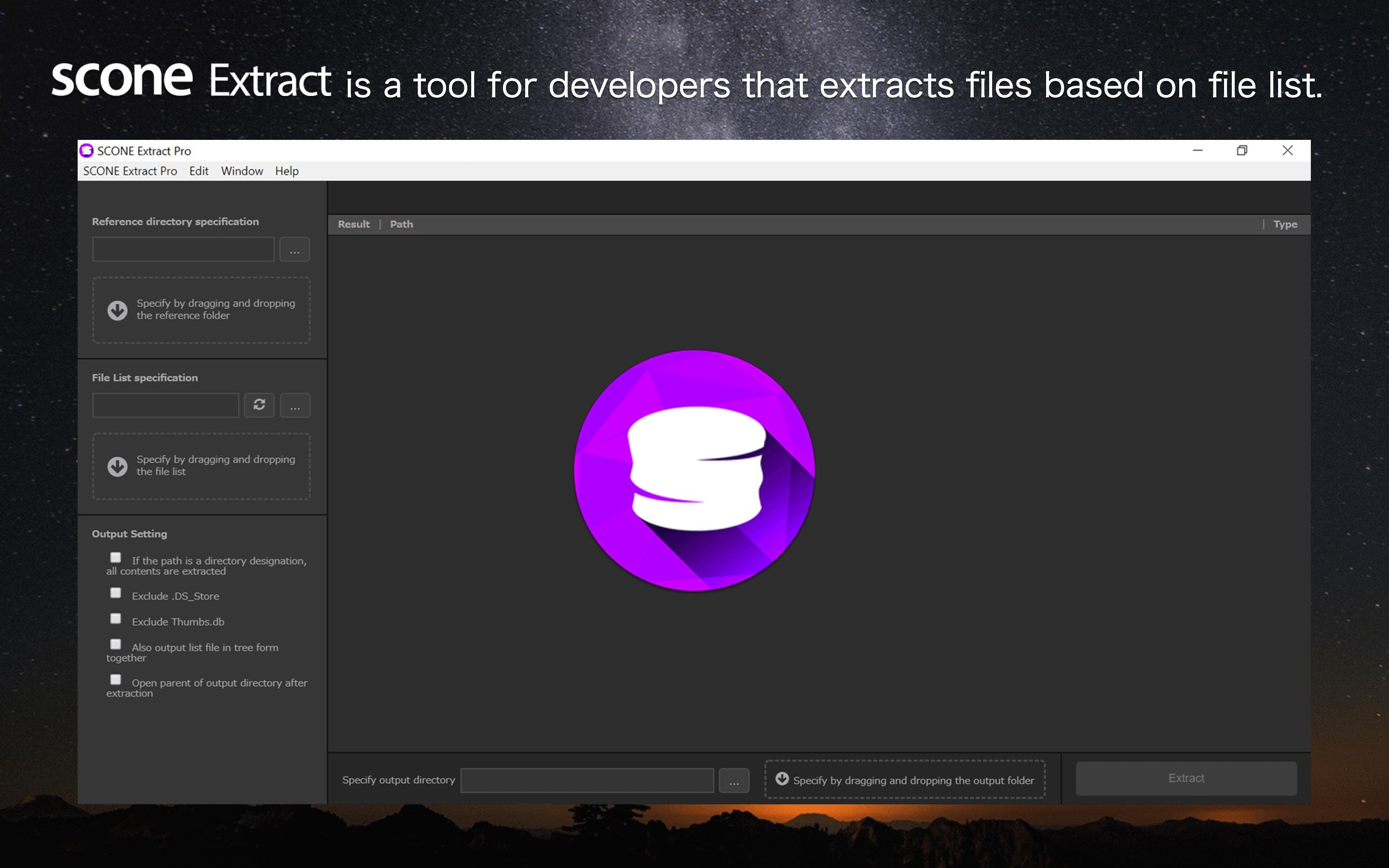 SCONE Extract is a tool for developers that extracts files based on file list.