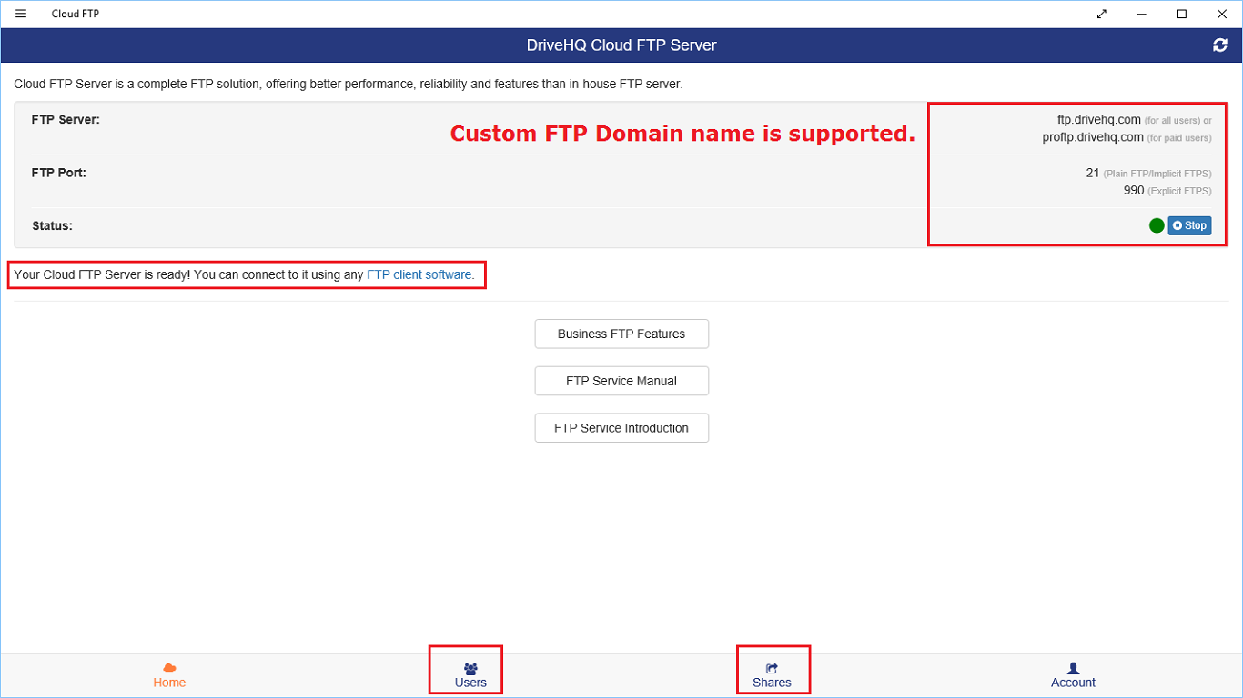 Cloud FTP Server main app screen.